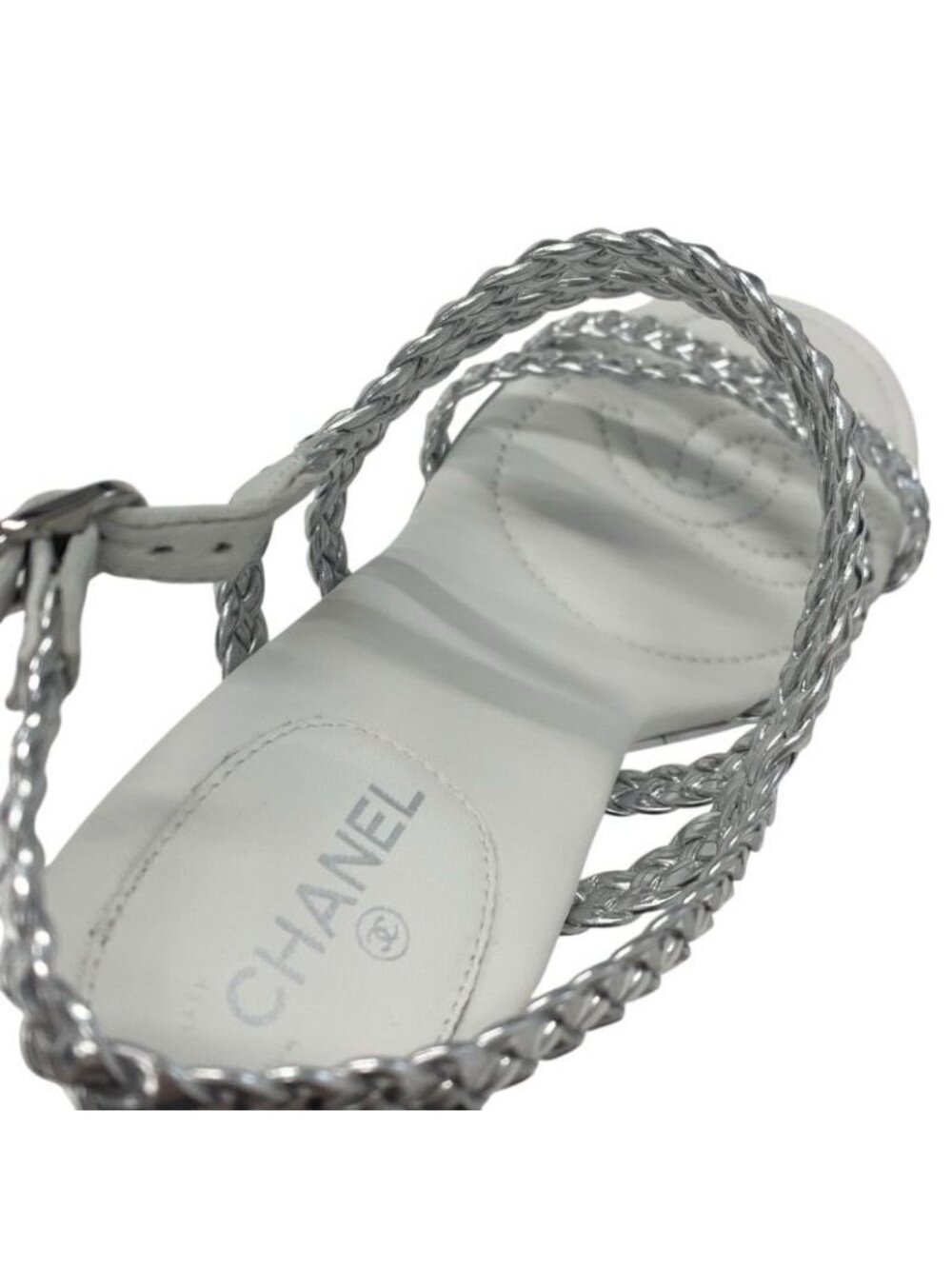 Chanel Sandals Shoes Leather Silver White Strap Braided Wedge Sole - Picture 7 of 9